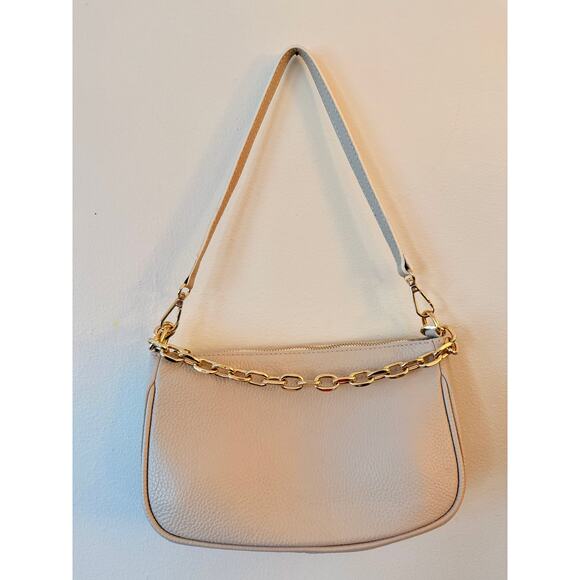 Genuine Italian Leather Shoulder Bag – Beige Crossbody w/ Gold Chain & 3 Straps - Picture 1 of 8
